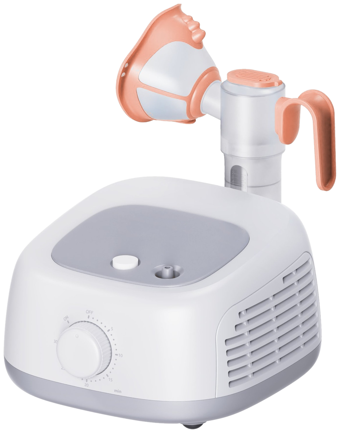 Moorix Flow 1 nebuliser with cashmere coral mask, resting on a stone table